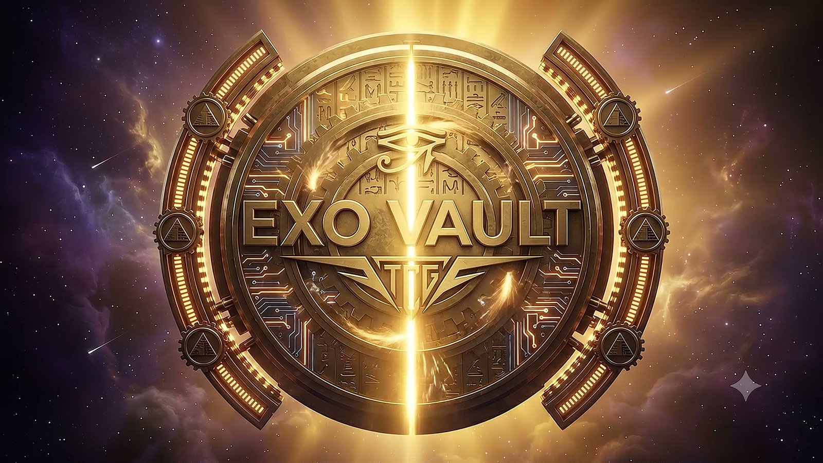 The golden vault door, hieroglyphs fused with glowing circuitry around the Eye of Horus