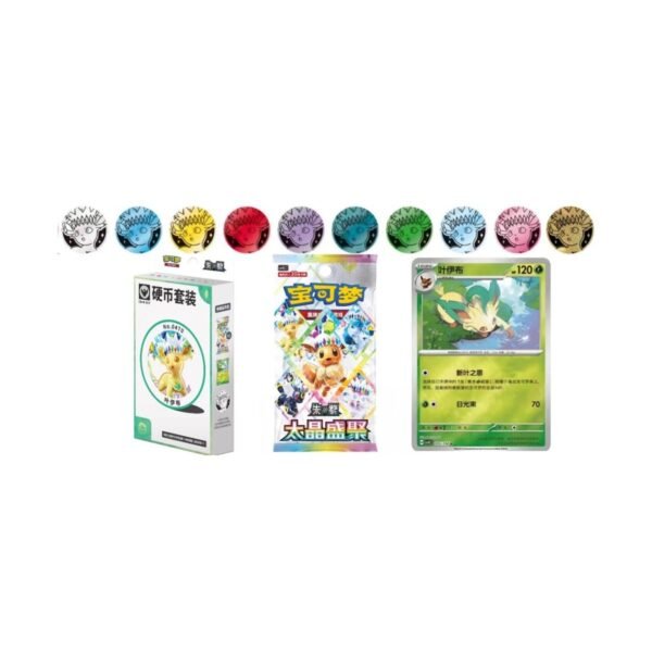 Pokémon Leafeon Coin Set complete box, pack, card and coin composition | طقم عملة Leafeon كامل